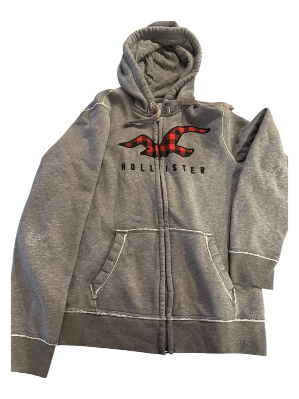 Hollister Gray Full Zip Hoodie Buffalo Plaid Logo Fleece Lined Men’s Medium
